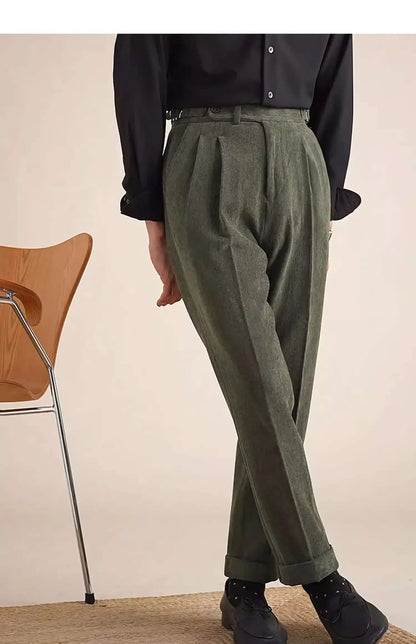 Men Dress Pant Fall Straight Tube Casual Pant Social Trousers Office Double Pleated High Waisted Trousers Men Formal Pant