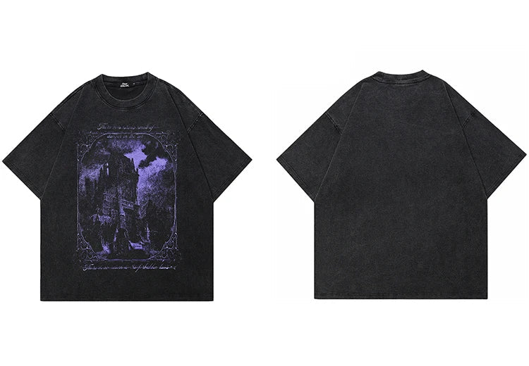 Hip Hop Washed Black T-Shirt Streetwear Vintage Purple Graphic Horror Castle T Shirt Cotton Tshirt Men Tops Tees Unisex Y2K