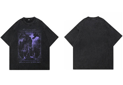 Hip Hop Washed Black T-Shirt Streetwear Vintage Purple Graphic Horror Castle T Shirt Cotton Tshirt Men Tops Tees Unisex Y2K