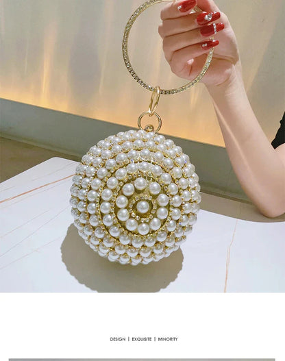 Round Pearl Clutch Purse Handbag Luxury Elegant Evening Bag Ring Handle For Women Bride Bridesmaid Wedding Party Handbag Purses