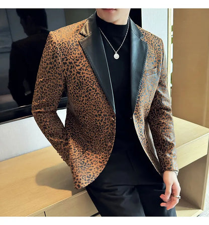 Splicing Leather Neck Casual Suit Jacket Fashion Leopard Men's Business Slim Fit Social Formal Blazers Wedding Groom Tuxedos