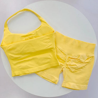 2 Pieces Sports Set Women Backless Halter Tops High Waist Seamless Hight Stretch Shorts Gym Suit Sportswear Workout Sets
