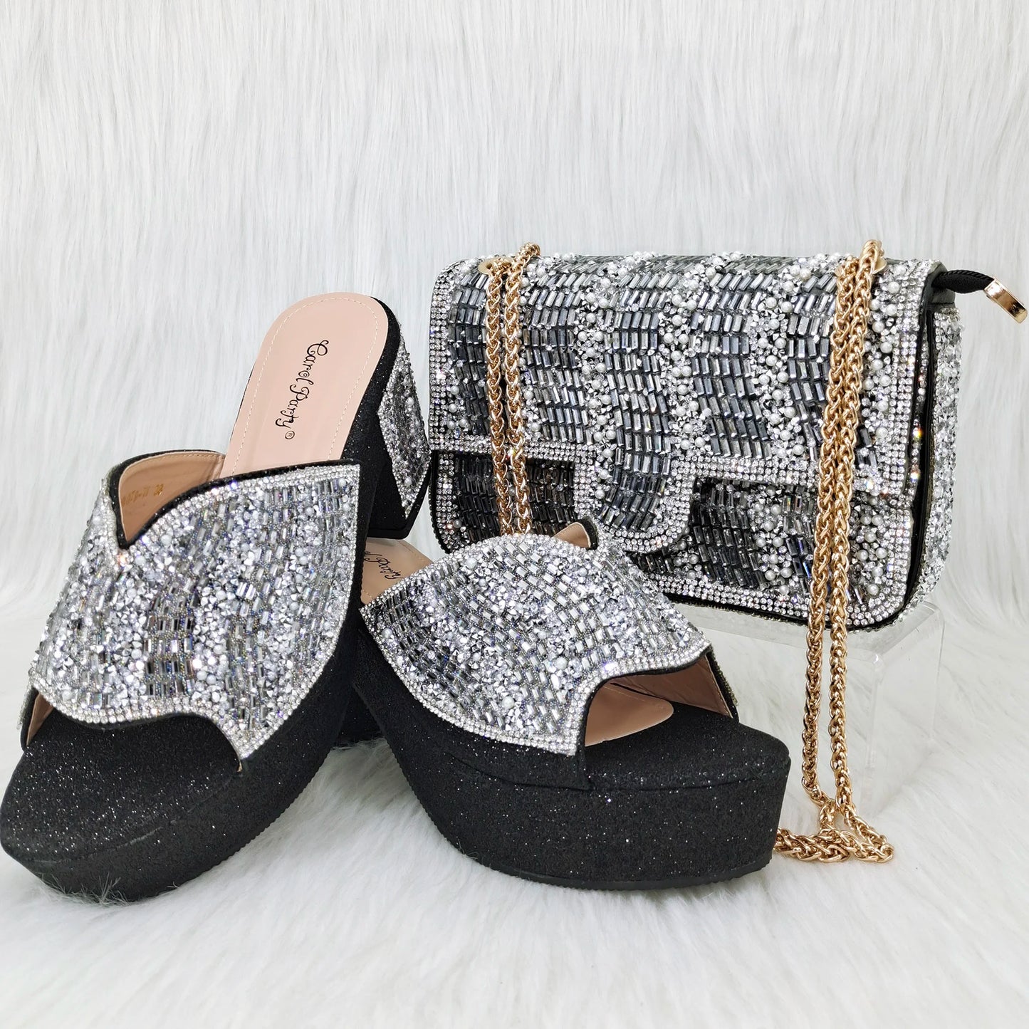 Italian Design Fashion Crystal Fish Mouth High Heels Elegant, Exquisite, And Mature Women's Sandals And Square Bag Set