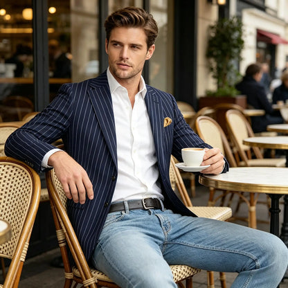 Men's Pinstripe Blazer Jacket Casual Slim Fit Striped Blazer With Patch Pocket For Business Casual Wedding Daily Wear
