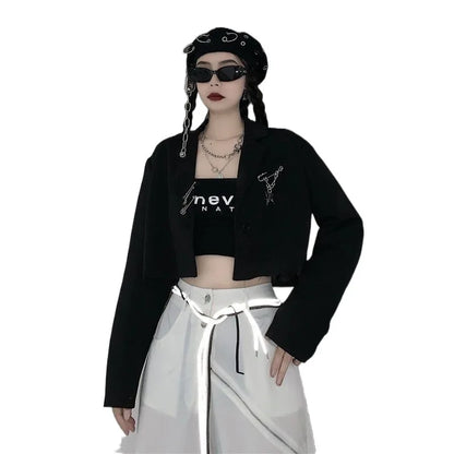 Autumn Women's Black Cropped Blazers Y2K Chic Metal Chain Design Suit Jacket Korean Hipsters Streetwear Loose Short Coat Woman