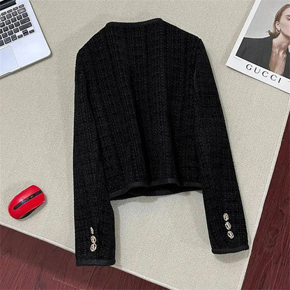 Spring Autumn New Single Breasted Pockets Round Neck Short Women Suit Jackets Long Sleeve Black WineRed Ladie Blazer Tops Trend