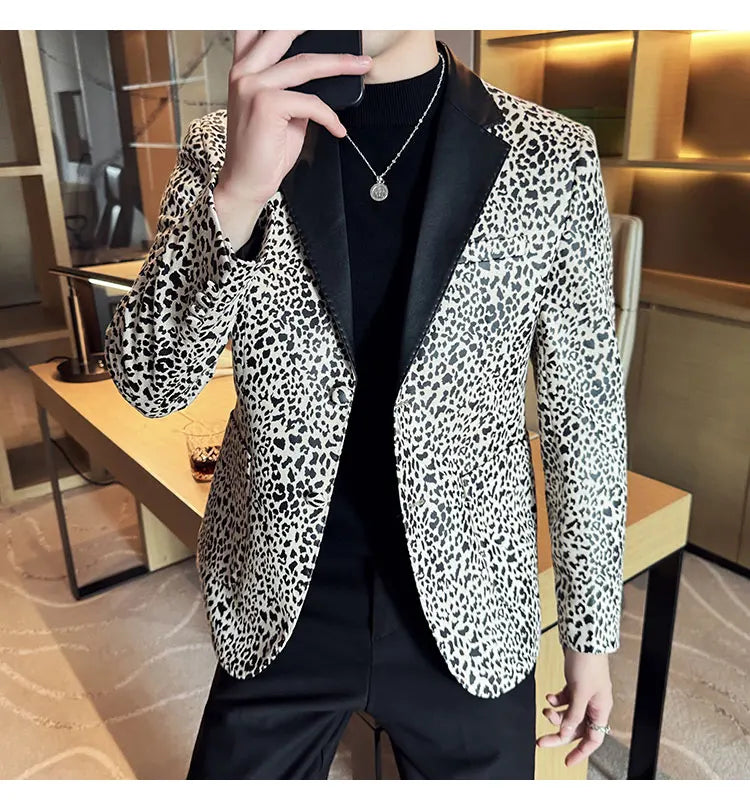 Splicing Leather Neck Casual Suit Jacket Fashion Leopard Men's Business Slim Fit Social Formal Blazers Wedding Groom Tuxedos