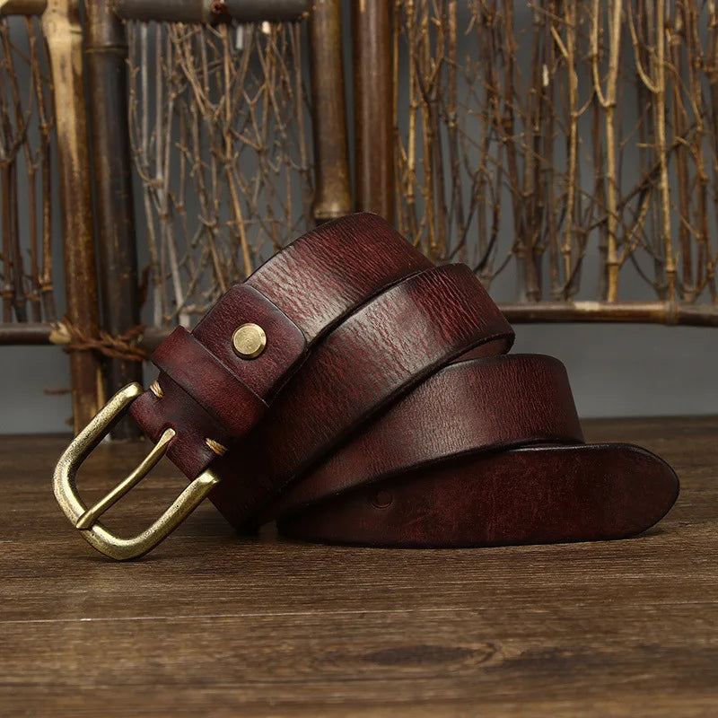 3.3CM Genuine Leather Belt Men Luxury Strap Male Fashion Pure Cowhide Copper Buckle Wild Classic Retro Pin Buckle High Quality