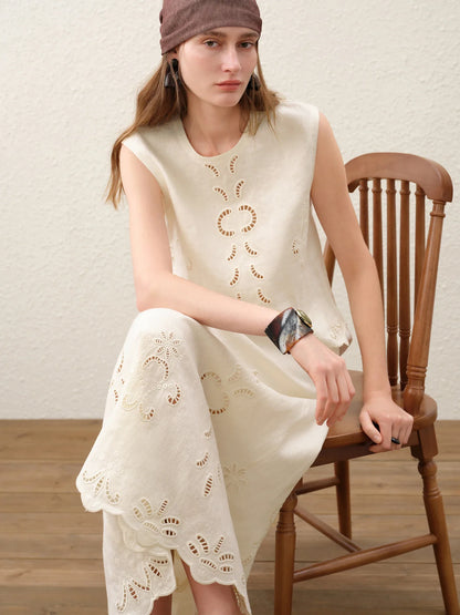 Summer Women Linen Two Piece Set Cut-Out Embroidered Sleeveless Top Midi Skirt Boho Beach Vacation Style