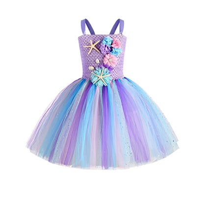 Girls Mermaid Tutu Dress Under the Sea Theme Birthday Party Carnival Costumes with Flower Headband Ocean Halloween Dresses 1-12Y