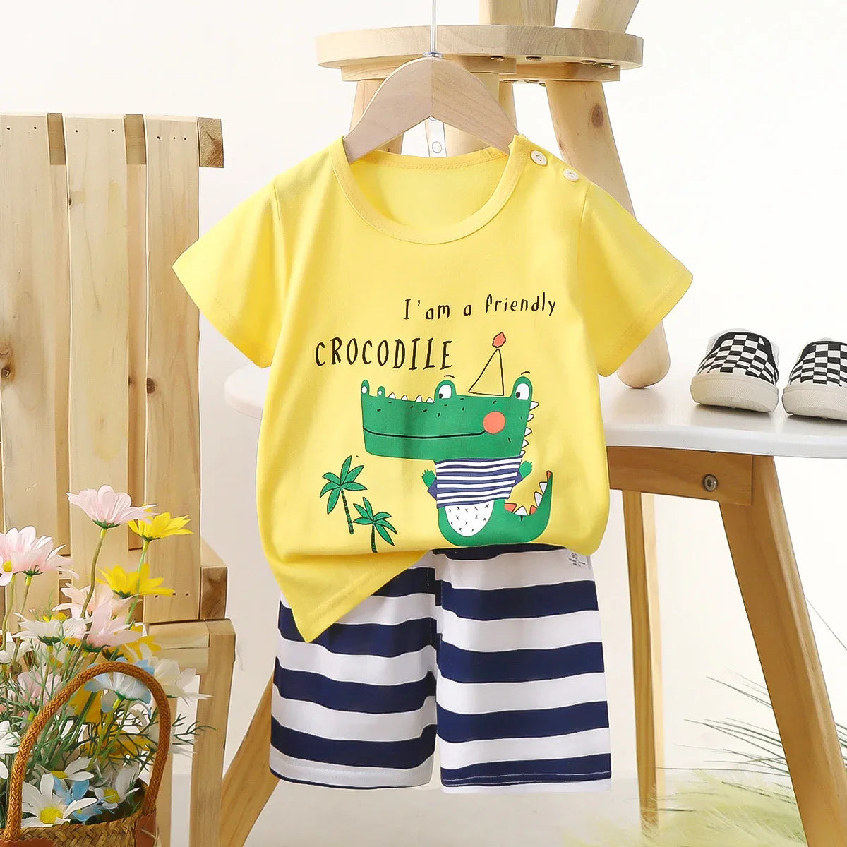 1 Sets Pure Cotton Kids Cartoon Clothing Summer Baby Fashion Short Sleeve Suits Boys Girls T-Shirts+Shorts Children Outfits