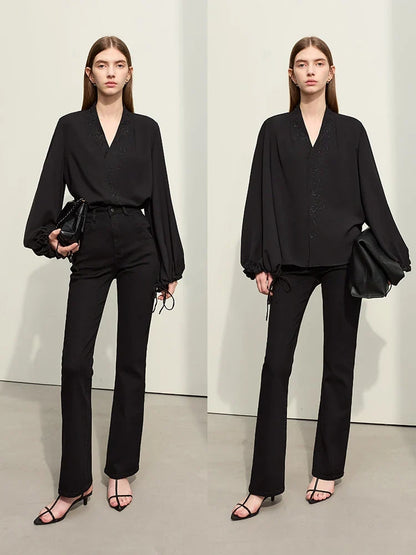 Chiffon Women's Blouse 2025 Autumn New V-neck Letter Embroidered Top Elegant Lantern Sleeve Loose Women's Shirt 12421028
