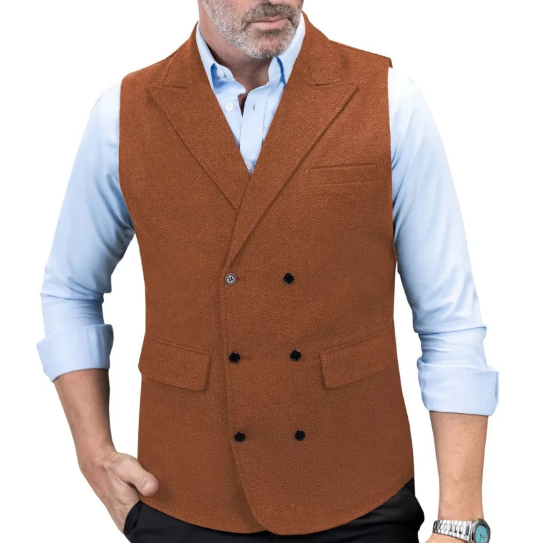 Men Vest Black Herringbone Double Button With Lapel Waistcoat For Wedding Birthday Banquet Office Business Work Men Suit Vest
