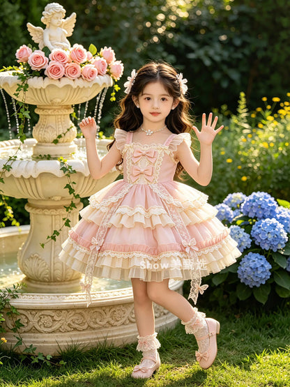 2026 New Summer Baby Girls Princess Lolita Dress Kids Sweet Pink Lace Bow Sleeveless Flower Girl Cake Dress Birthday Party Gown
