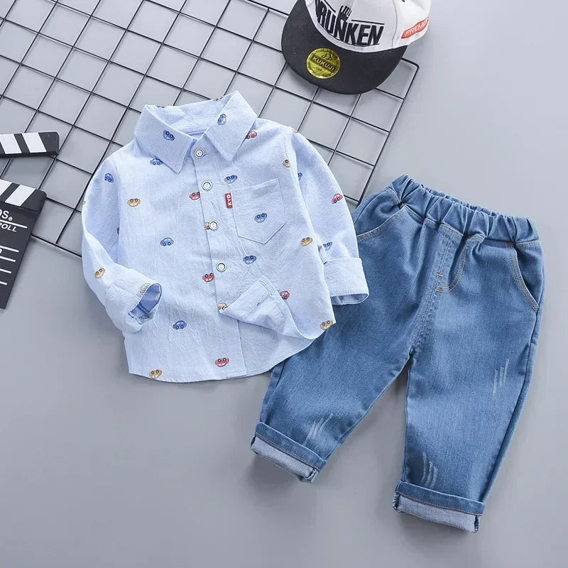 2-5 Years Spring Autumn Comfortable Casual Boys Clothing Set 2 Color Cartoon Car Full Sleeve Shirt + Jeans 2Pcs Outfit For Kids