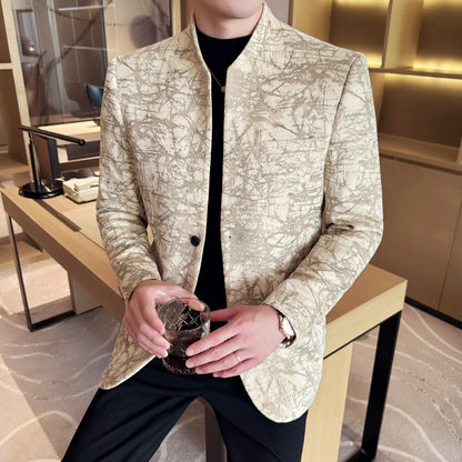 New Chinese Style Stand Up Collar Jacquard Suit Coats Men Slim Business Casual Fashion Suits Jacket Formal Social Party Tuxedos