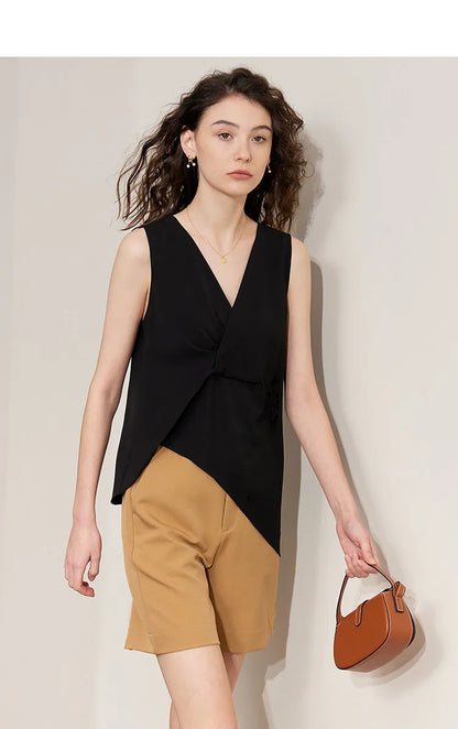 Women's Blouse 2026 Summer New Flowy Chiffon Asymmetric Hem Top Elegant Office Solid Casual V-Neck Shirt For Women 12612025