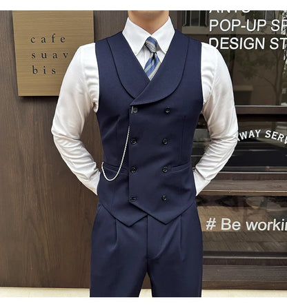 ( Vest + Pants) Men Luxury Double Breasted Design Suit Vest 2 pieces Formal Groom Wedding Dress Vest Set Fashion Club Clothing