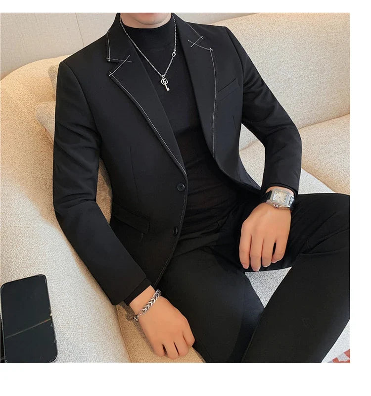 High Quality Line design Luxury Men's Suit Coats Fashion Business Casual Two Buttons Formal Social Wedding Party Suit Jacket