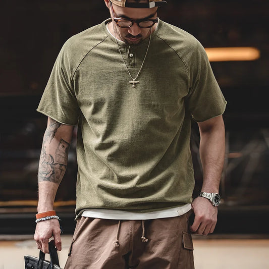 Japanese Vintage Heavyweight Henley T-Shirt Men Distressed Loose Short Sleeve Tops Casual Button Cotton Washed Tee Shirts