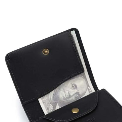 Men's Small Wallet Made of Fine Grain Leather Vintage Genuine Leather Mini Wallet with Coin Compartment and Press Stud
