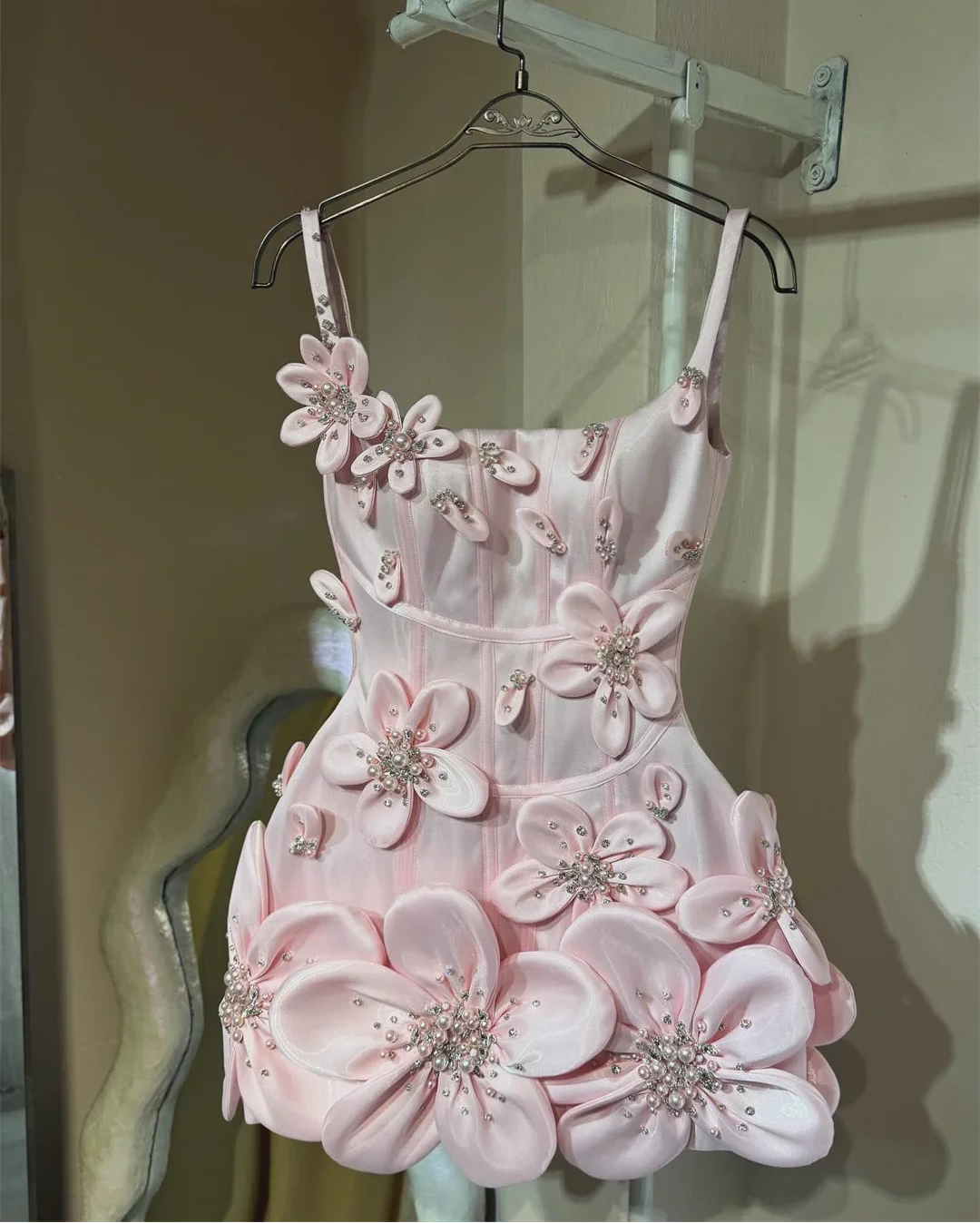 Short Skirt Evening Dresses Wedding Spaghetti Straps Elegant Party Dresses for Women Luxury 3D Flowers Elegant Woman Dress