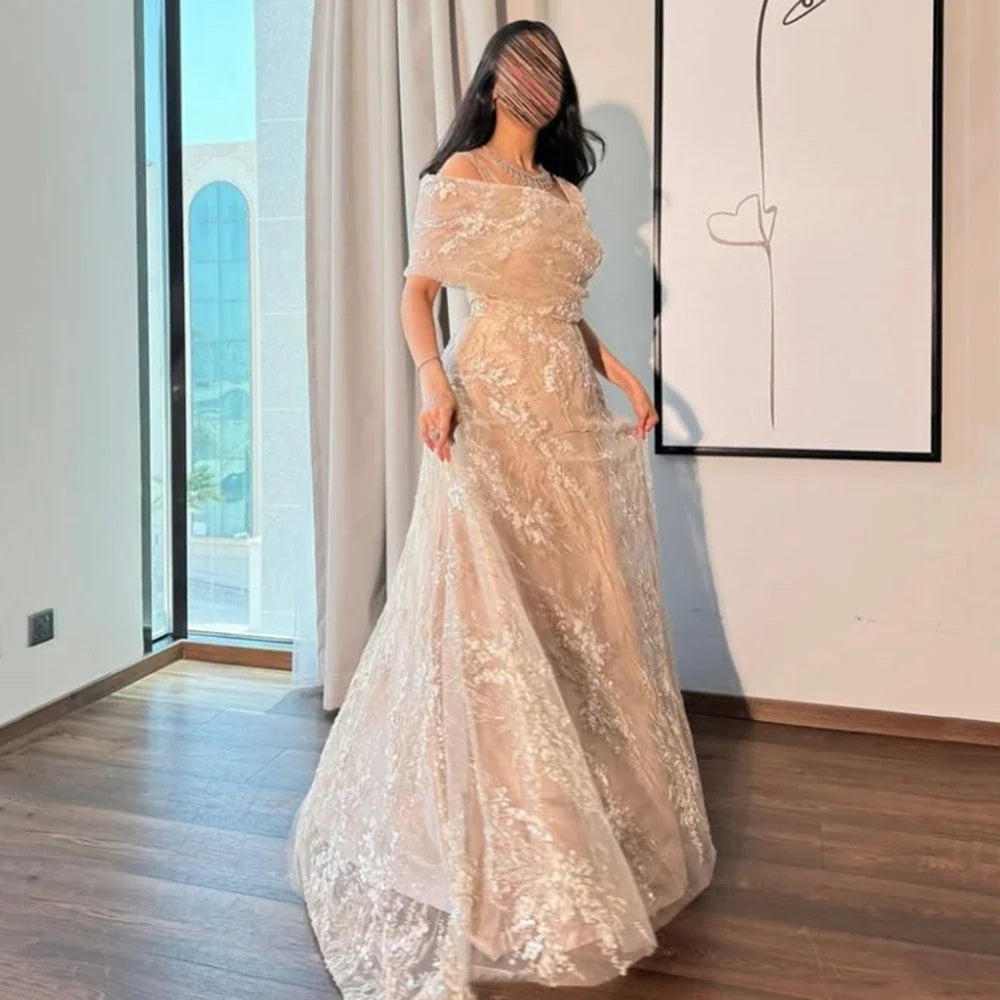 Customized Beige Off the Shoulder A-line Evening Dress Lace Appliques Spaghetti Strape Party Prom Gown Floor Length Prom Gowns