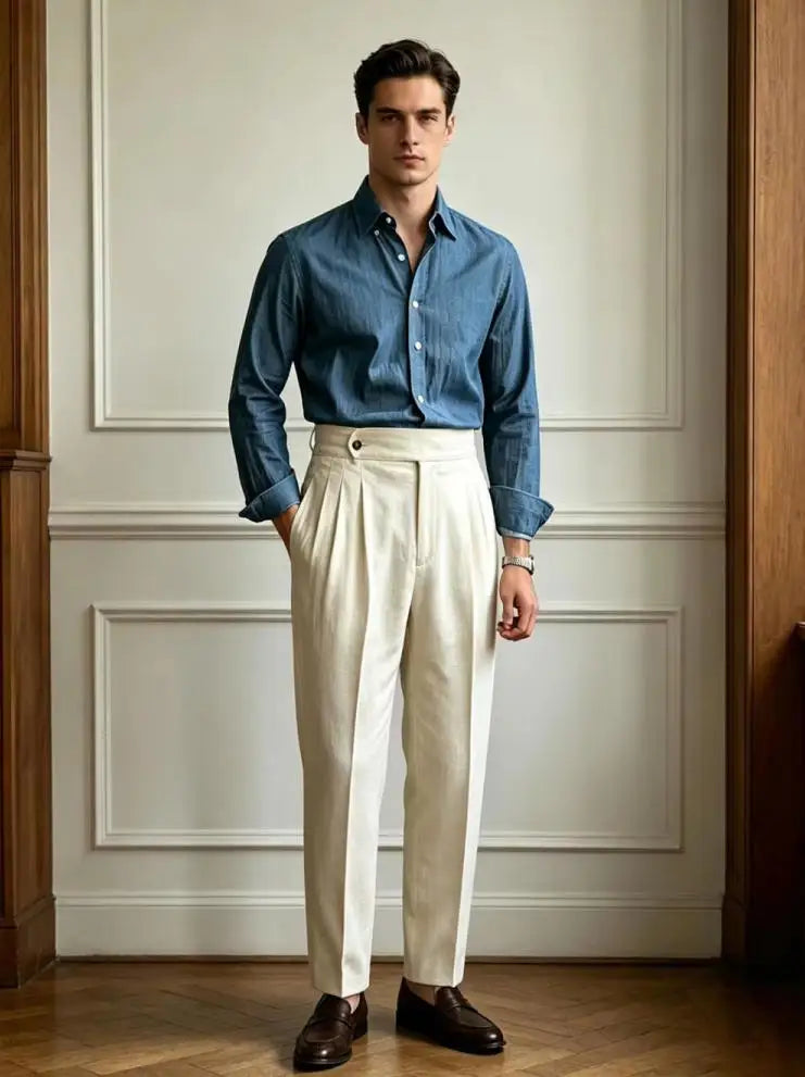 Classic Linen Men Suit Trousers Italian Naples Style Pleated Street Wear Summer Trendy High Waist Pants Male Business Office
