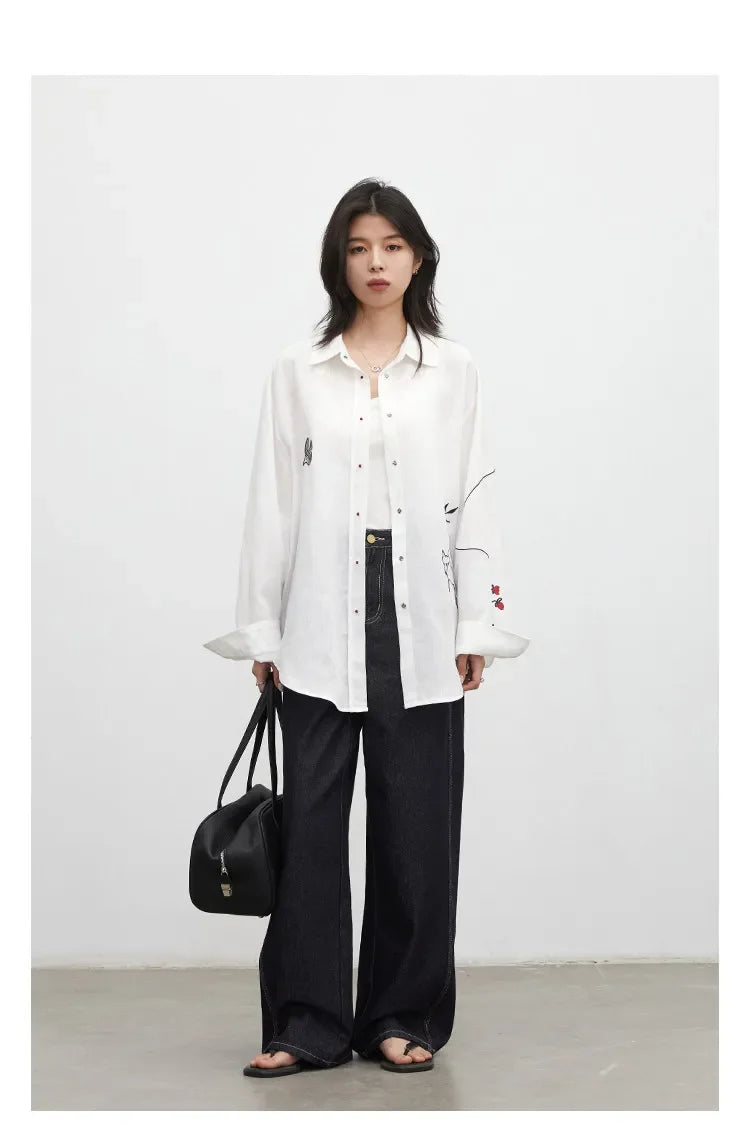 Fashion Women Shirt White Single-breasted Loose Casual Long Sleeve Pony Embroidered Female Blouses Spring Summer 2026