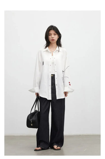 Fashion Women Shirt White Single-breasted Loose Casual Long Sleeve Pony Embroidered Female Blouses Spring Summer 2026