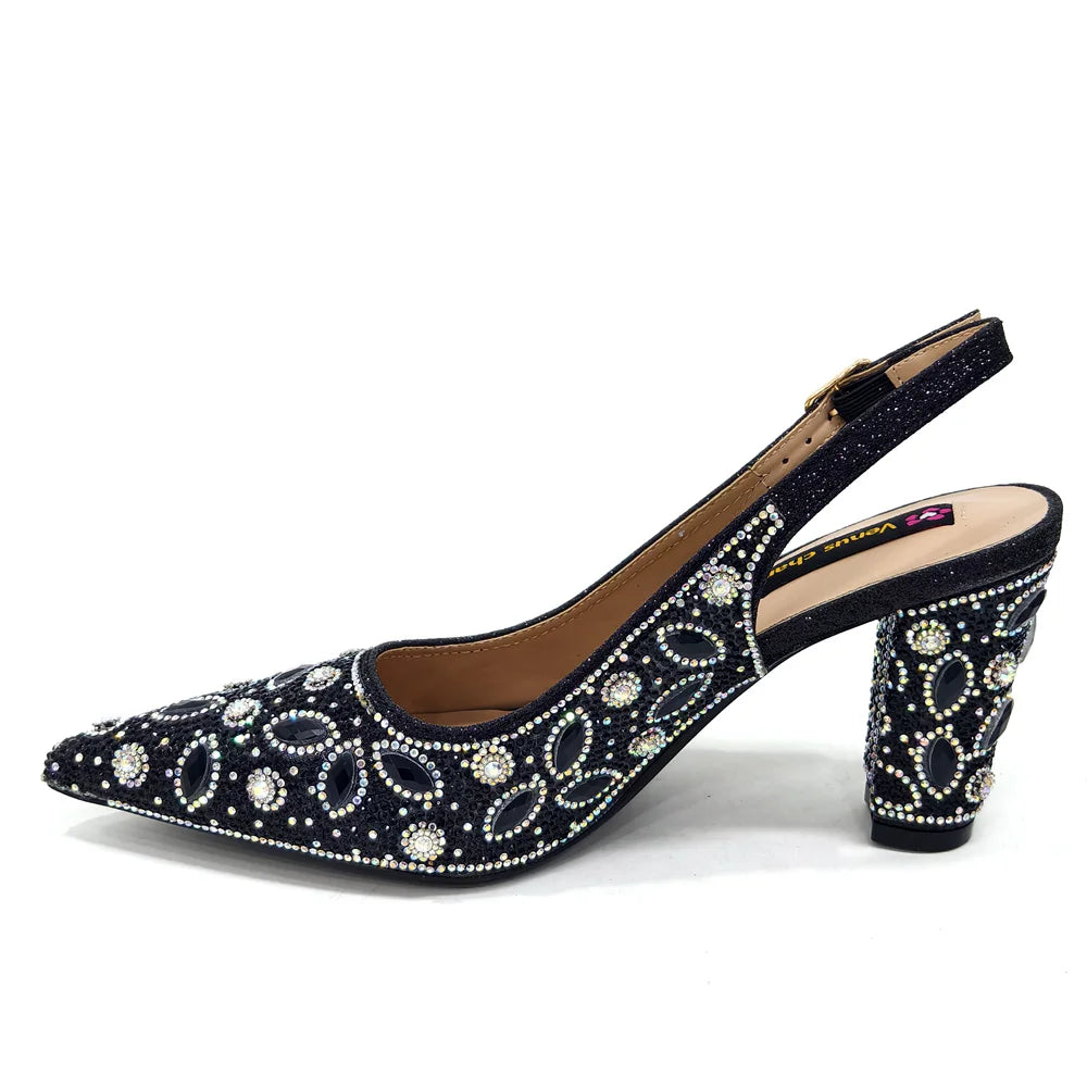 2025 Newest INS Style Black Color Elegant High Heels Nigeria Popular Design African Ladies Shoes And Bag Set For Party