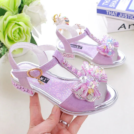 Girls Dance Shoes Non-slip Soft Sole Kids Princess Shoes T-strap Open Toes 2025 Summer New Children Sandals Sweet Bows Non-slip