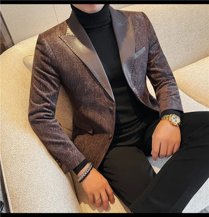 2025 Fashion Leather Neck Spliced Suit Jacket Luxury Men's Business Slim Fit Social Formal Blazers Coats Wedding Groom Tuxedos