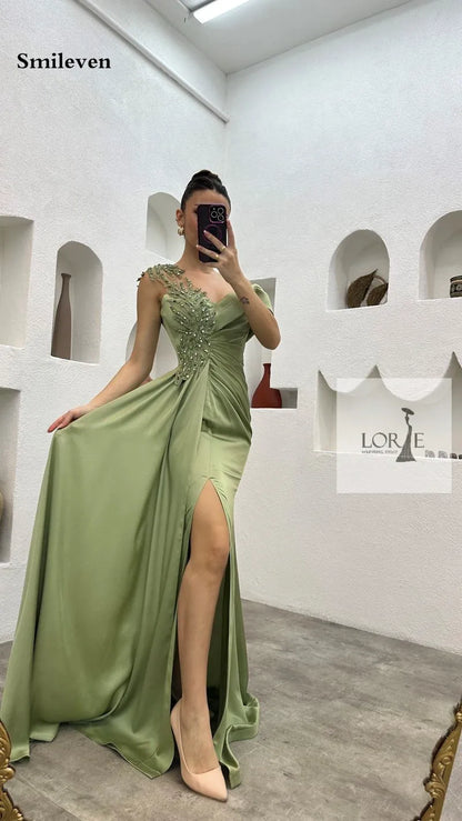 Satin Mermaid Evening Dresses Beading Lace  Saudi Arabic Prom Gowns Floor Length Formal Occasion Dress 2024 Customized