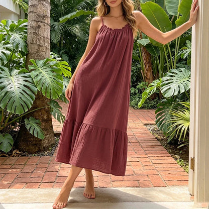 Vintage Muslin 100% Cotton Gauze Summer Dress Women Loose Sexy Sleeveless Ruched Long Maxi Desses Chic Vestidos
