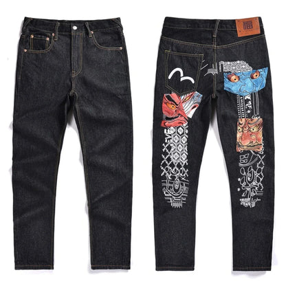 Japanese Handmade Embroidered Jeans Men's Pure Cotton Straight Tube Hip-Hop Popular Slim Red Ears Show Thin Trousers Devil Big M