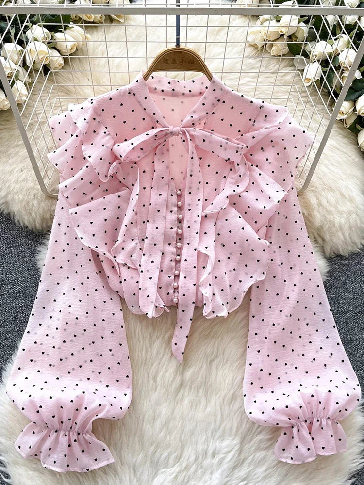French Sweet Long Sleeved Blouse Women's Clothing Spring Autumn Bow Ruffle Edge Polka Dot Printed Chiffon Shirt Top C42