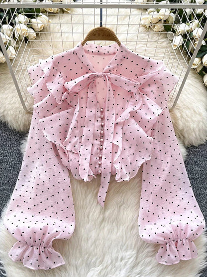 French Sweet Long Sleeved Blouse Women's Clothing Spring Autumn Bow Ruffle Edge Polka Dot Printed Chiffon Shirt Top C42