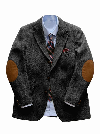 Men's Vintage Herringbone Tweed Blazer With Elbow Patch 2 Button Single Breasted Cotton Casual Slim Fit Business Jacket XS-7XL