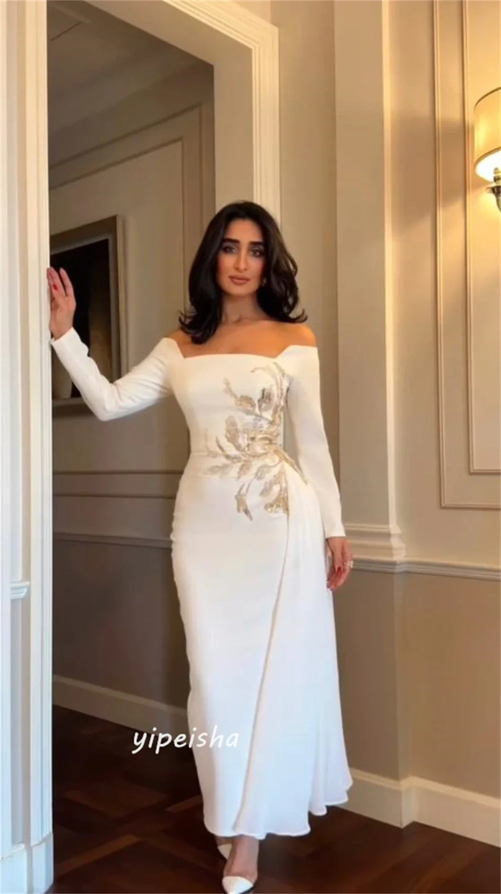 Customized Jiayigong High Quality  Jersey Beading Draped Valentine's Day Sheath Off-the-shoulder Bespoke Occasion Gown Midi Dres