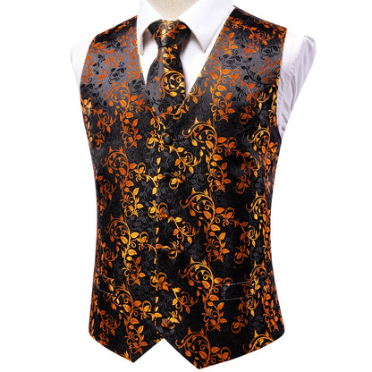Silk Mens Vests Sleeveless Waist Jacket Jacquard Black Orange Floral Waistcoat Tie Hanky Cufflinks Set for Men Casual XXL