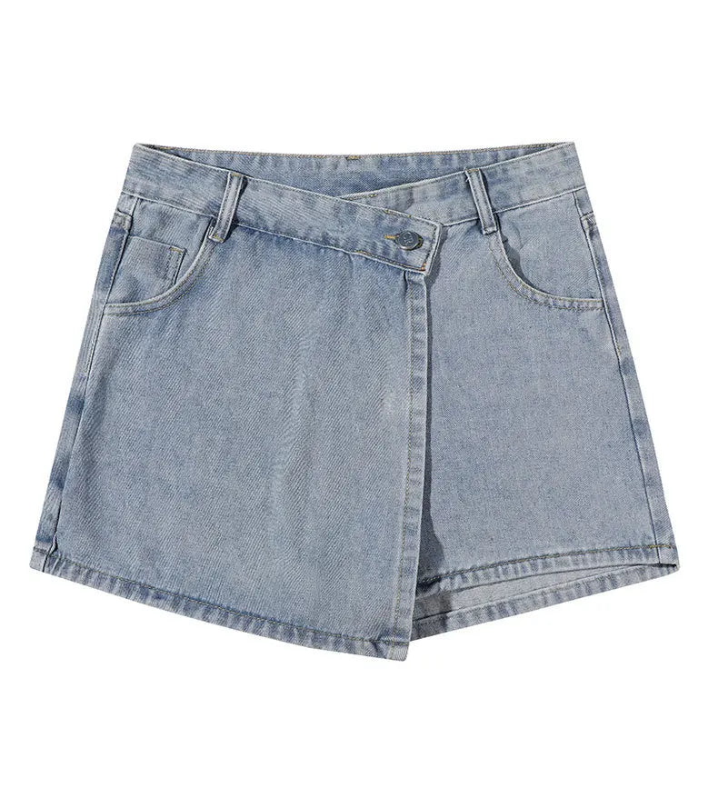 2026 Summer Women High Waist A-line Shorts Light Color Fake Two-piece Design Elegant Slimming Hot Girl Pants Denim Short Skirt