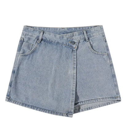 2026 Summer Women High Waist A-line Shorts Light Color Fake Two-piece Design Elegant Slimming Hot Girl Pants Denim Short Skirt