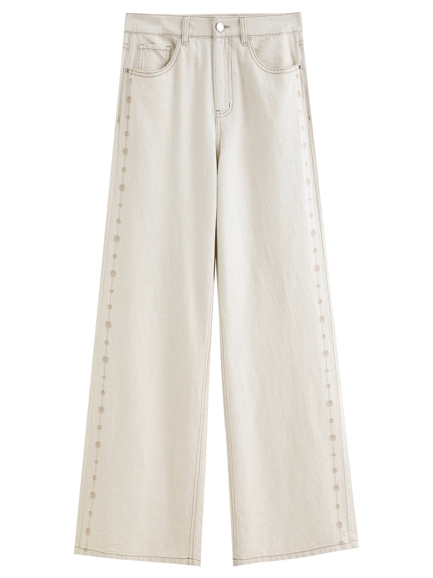 2024 Summer Women's White Linen Blend Embroidered Straight Leg Jeans - Elegant Casual Trousers for Daily and Summer Wear