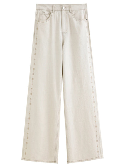 2024 Summer Women's White Linen Blend Embroidered Straight Leg Jeans - Elegant Casual Trousers for Daily and Summer Wear