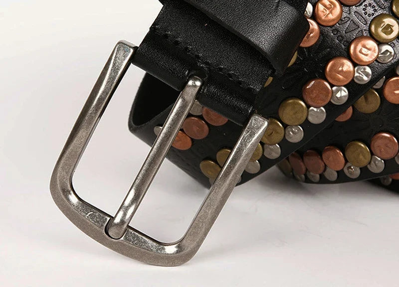 3.8CM  Hip Hop Punk Style Men Belt Round Rivet Real Genuine Cowskin Leather Strap Male Cowboy Studded Belts Rock Waistband