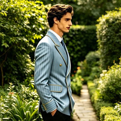 Luxury Men's Pinstripe Blazer Gold Trim Peak Lapel Formal Suit Breathable Lightweight Jacket for Business Party Wedding Coat