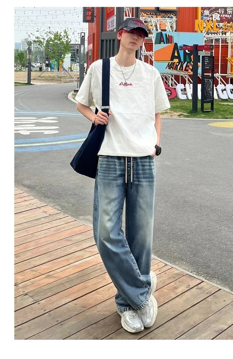 Men Pants Denim American Vintage Loose Straight Leg Trendy Fashion Comfort Commute 2026 Summer Casual Style Top