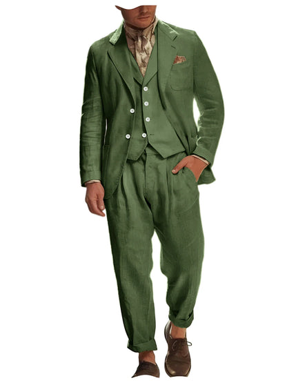 Italian Style Men's Linen 3 Piece Set Notch Lapel 2 buttons Blazer+Vest+Pants Breathable Lightweight Summer Casual Business Suit