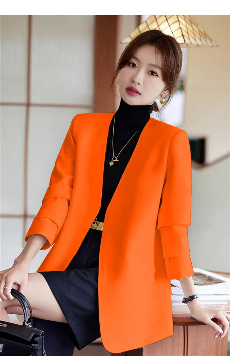 Fashionable Versatile Spring Autumn Women's Blazer Jacket Korean Style Street Style Long Sleeve Suit Coat Pure Color Commute...